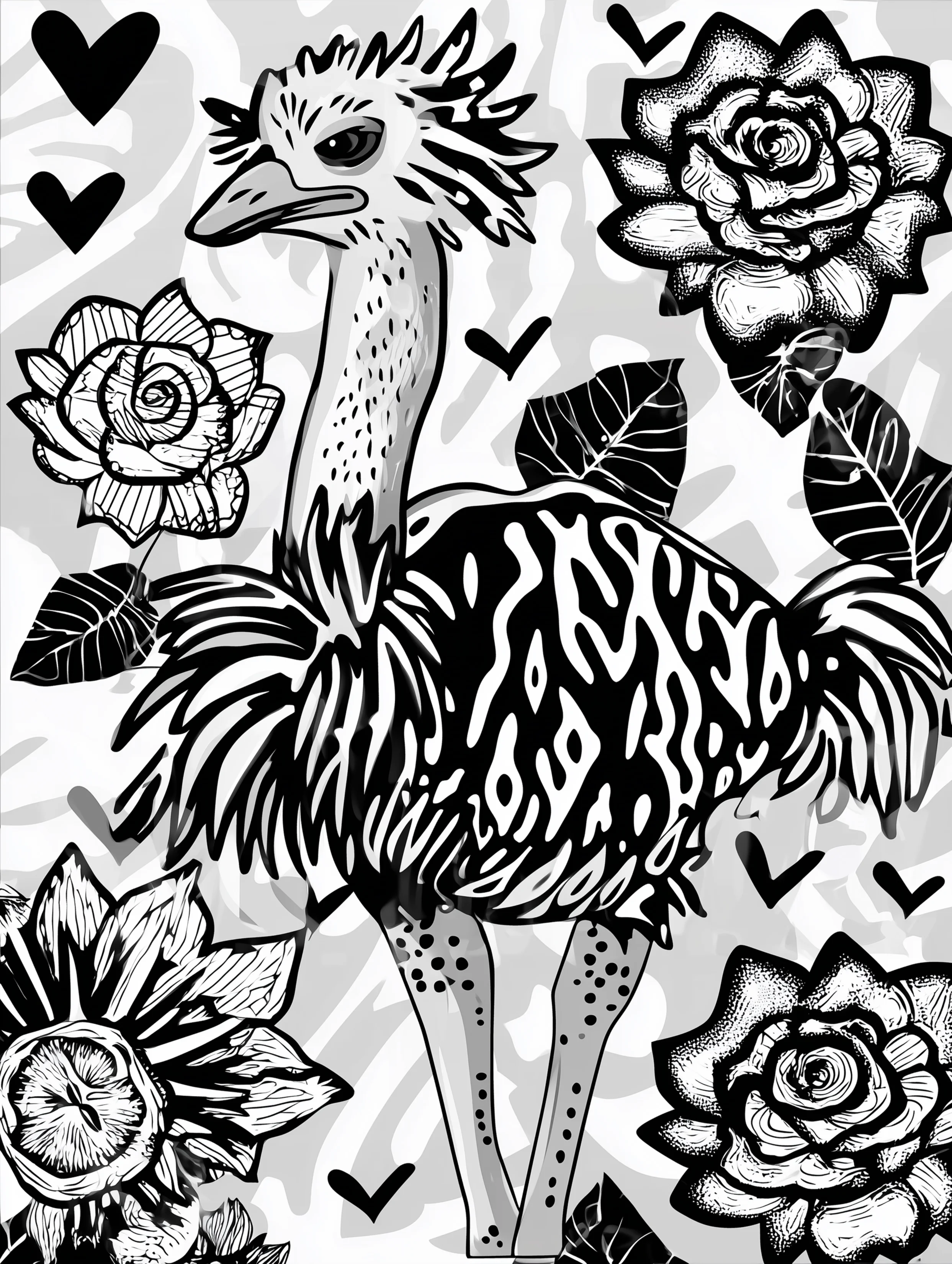 Free printable zoo coloring sheet featuring a posing ostrich